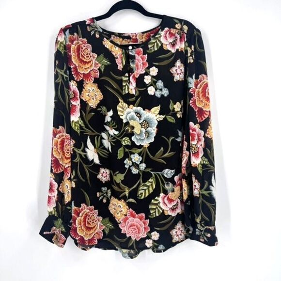 Loft Women's Floral Print Boat Neck Long Sleeve Top Blouse Black Red Size Large - Picture 1 of 9